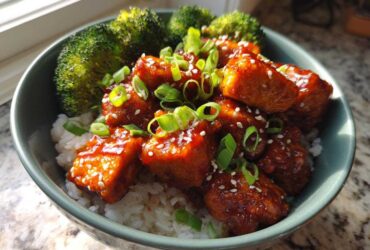 A close-up of a Honey Sriracha Chicken Rice Bowls featuring glazed chicken pieces, white rice, and steamed broccoli.