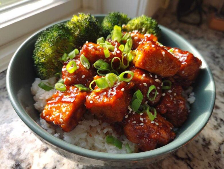 A close-up of a Honey Sriracha Chicken Rice Bowls featuring glazed chicken pieces, white rice, and steamed broccoli.
