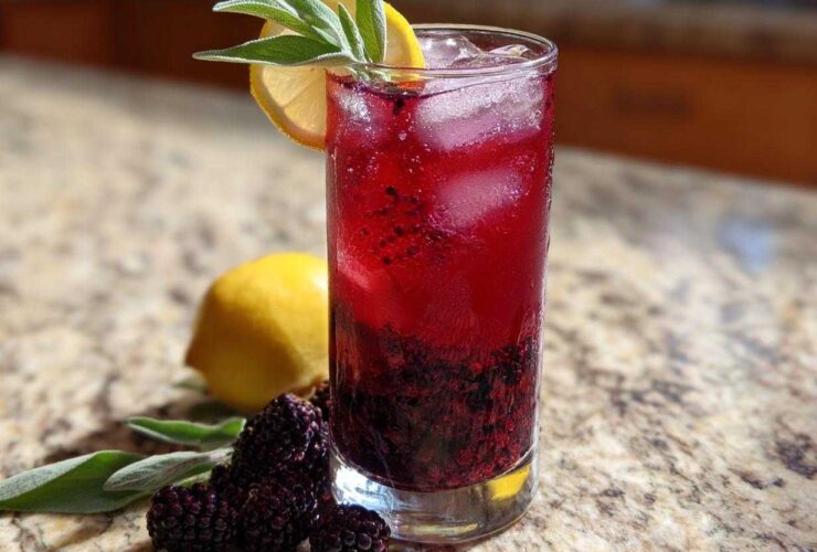 A tall glass of vibrant red Iced Blackberry Sage Tea filled with ice, garnished with lemon and sage.