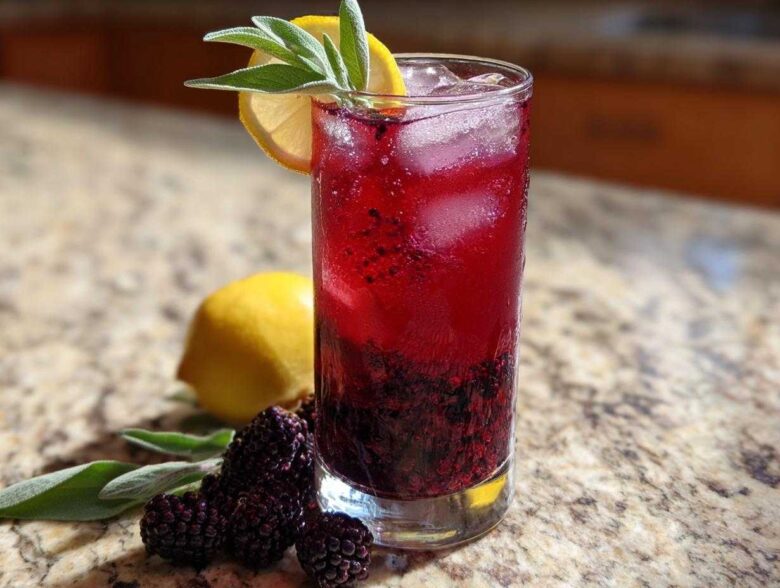 A tall glass of vibrant red Iced Blackberry Sage Tea filled with ice, garnished with lemon and sage.