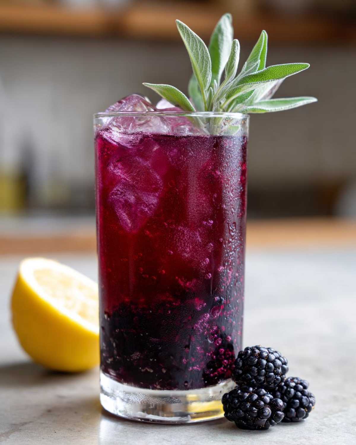 A tall glass of vibrant Iced Blackberry Sage Tea garnished with fresh sage and ice, next to blackberries and a lemon half.