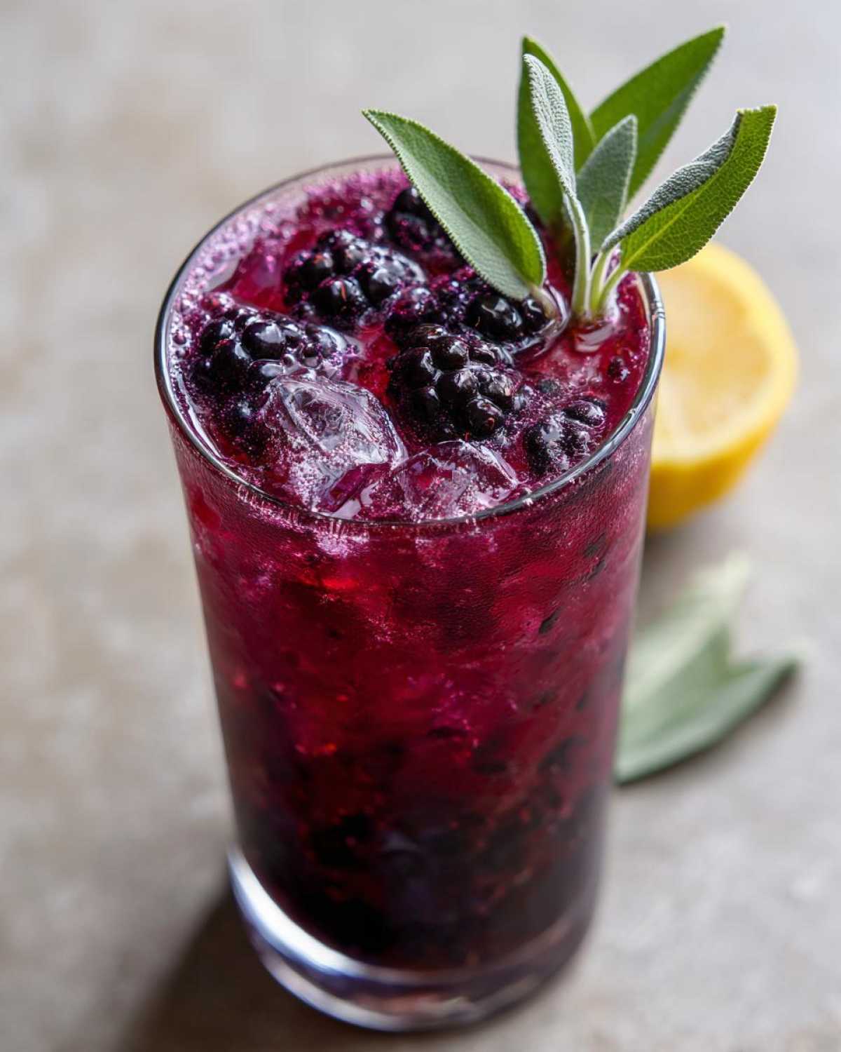 Close-up of Iced Blackberry Sage Tea with fresh blackberries, ice, and sage leaves as garnish.
