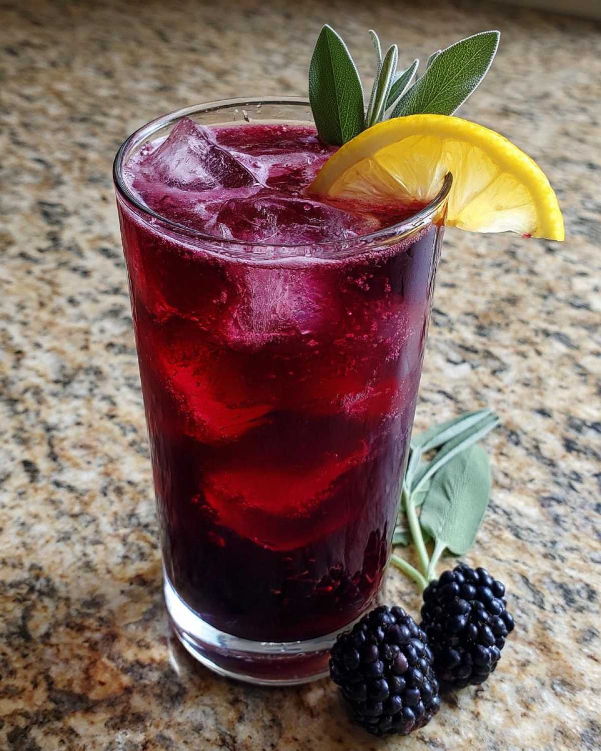 A tall glass of vibrant Iced Blackberry Sage Tea filled with ice, garnished with lemon and sage leaves, next to fresh blackberries.