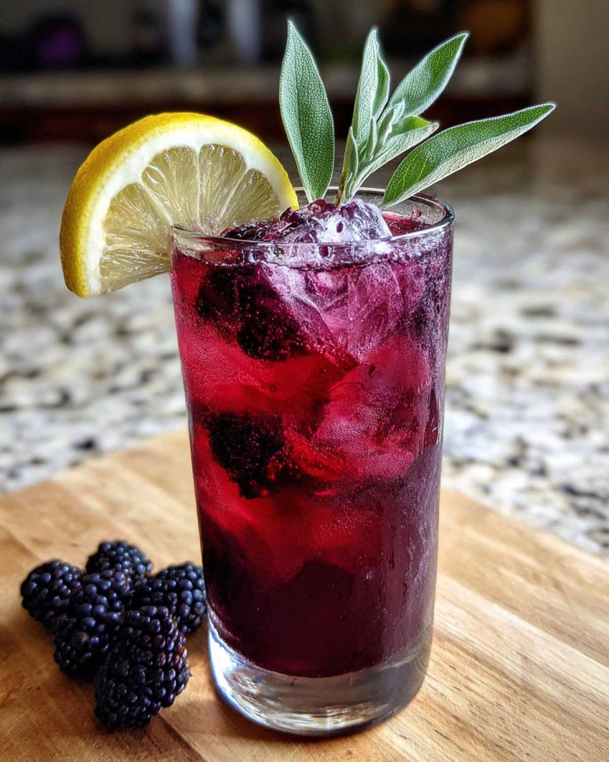 A tall glass of vibrant Iced Blackberry Sage Tea filled with ice and blackberries, garnished with a lemon slice and sage leaves.