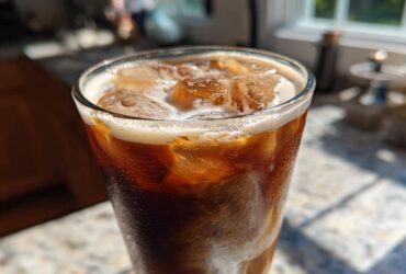 Close-up of a tall glass filled with Iced Brown Sugar Cinnamon Cold Brew, ice cubes, and condensation.
