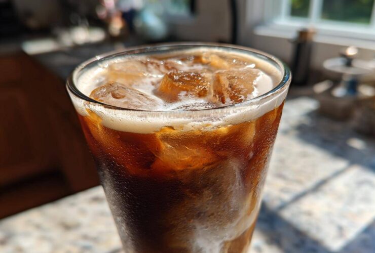 Close-up of a tall glass filled with Iced Brown Sugar Cinnamon Cold Brew, ice cubes, and condensation.