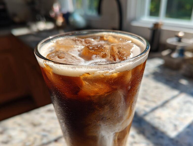 Close-up of a tall glass filled with Iced Brown Sugar Cinnamon Cold Brew, ice cubes, and condensation.