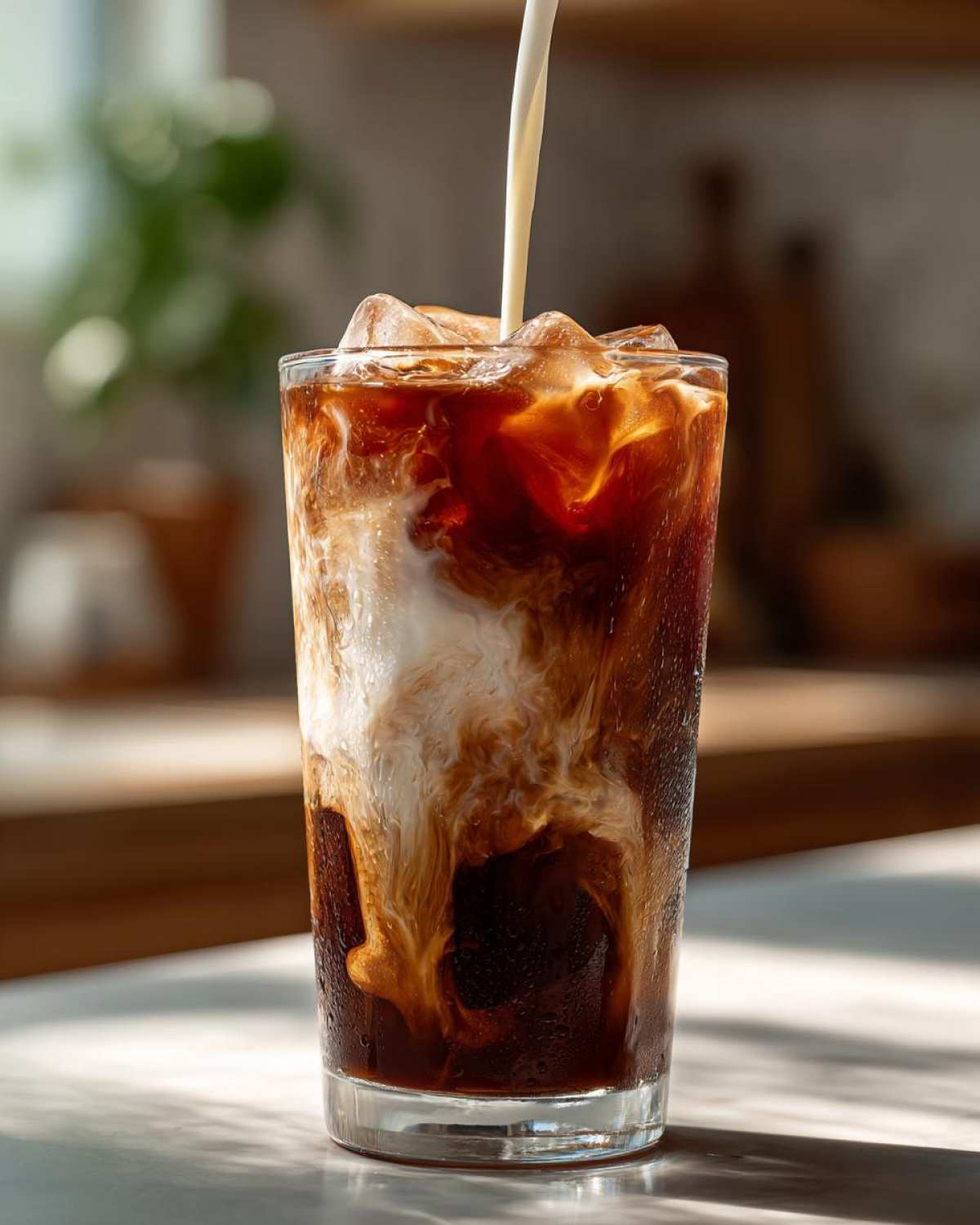 A stream of milk swirls into a glass filled with ice and dark Iced Brown Sugar Cinnamon Cold Brew.