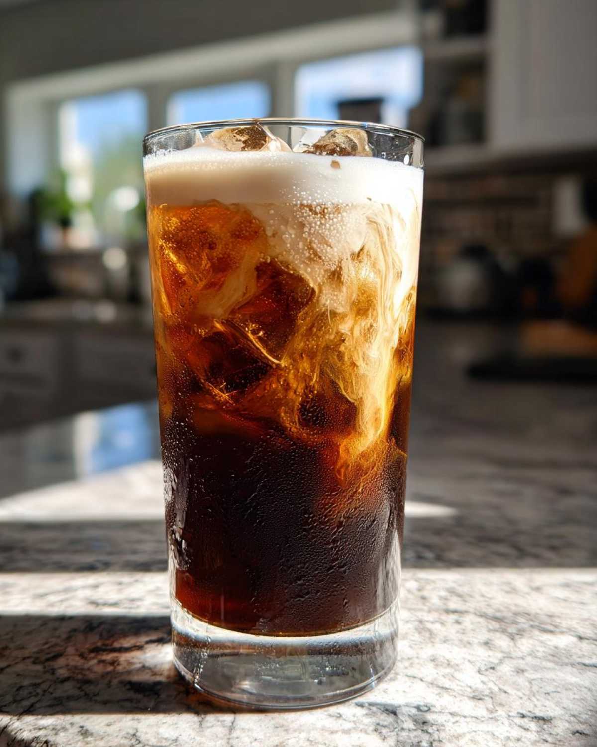 Tall glass of Iced Brown Sugar Cinnamon Cold Brew with cream swirling into the dark coffee over ice.