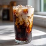 Close-up of Iced Brown Sugar Cinnamon Cold Brew with cream swirling into the dark coffee over ice cubes.