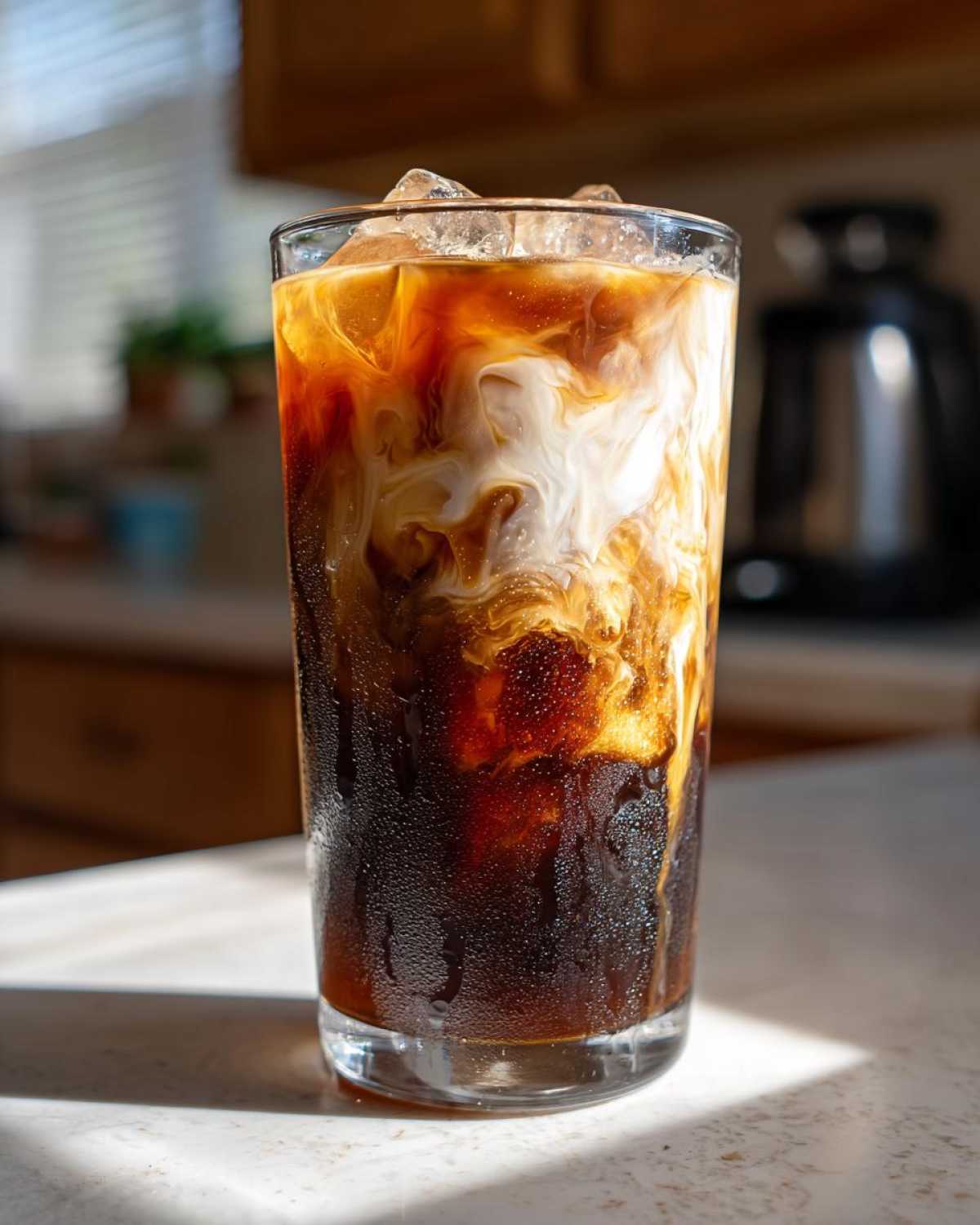 Close-up of Iced Brown Sugar Cinnamon Cold Brew with cream swirling into the dark coffee over ice.