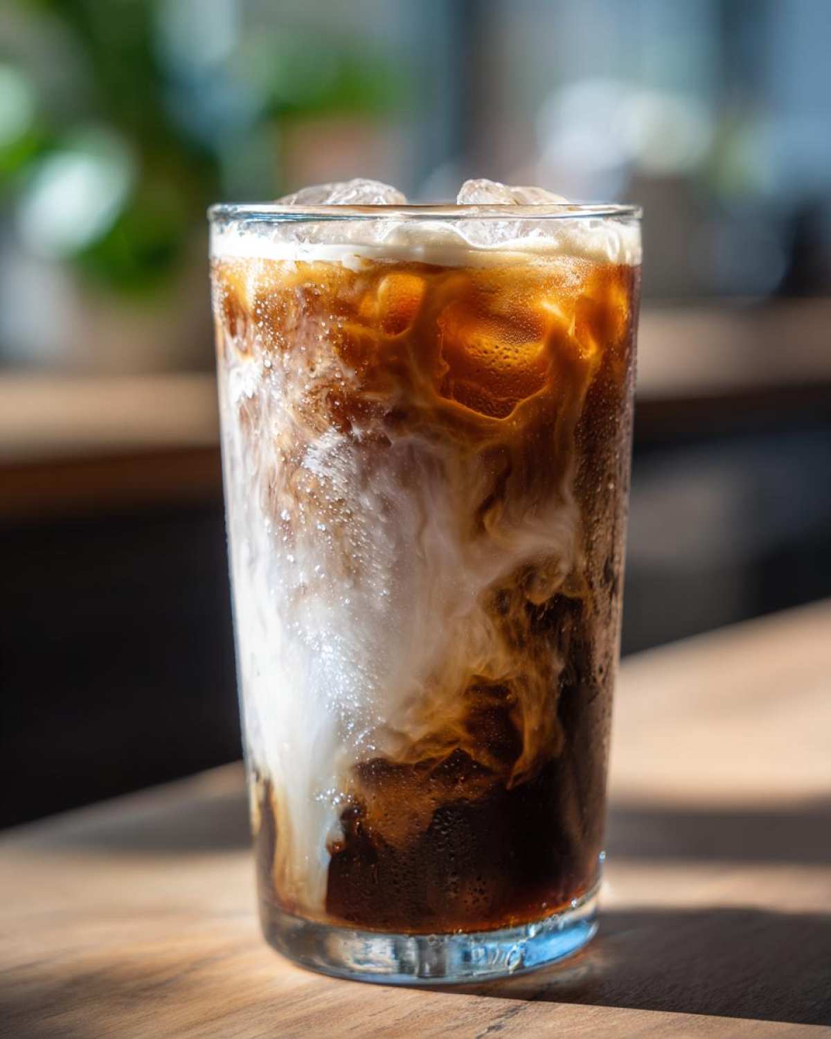 Close-up of Iced Brown Sugar Cinnamon Cold Brew with cream swirling into the dark coffee over ice.