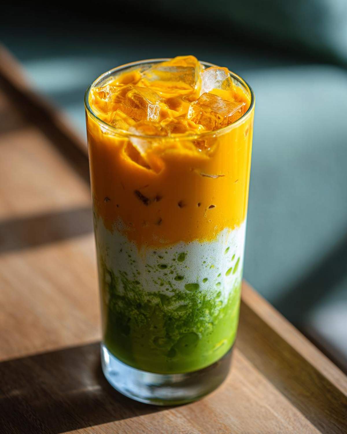 Tall glass showing layered Iced Mango Coconut Matcha with green matcha base, white coconut layer, and orange mango topping over ice.
