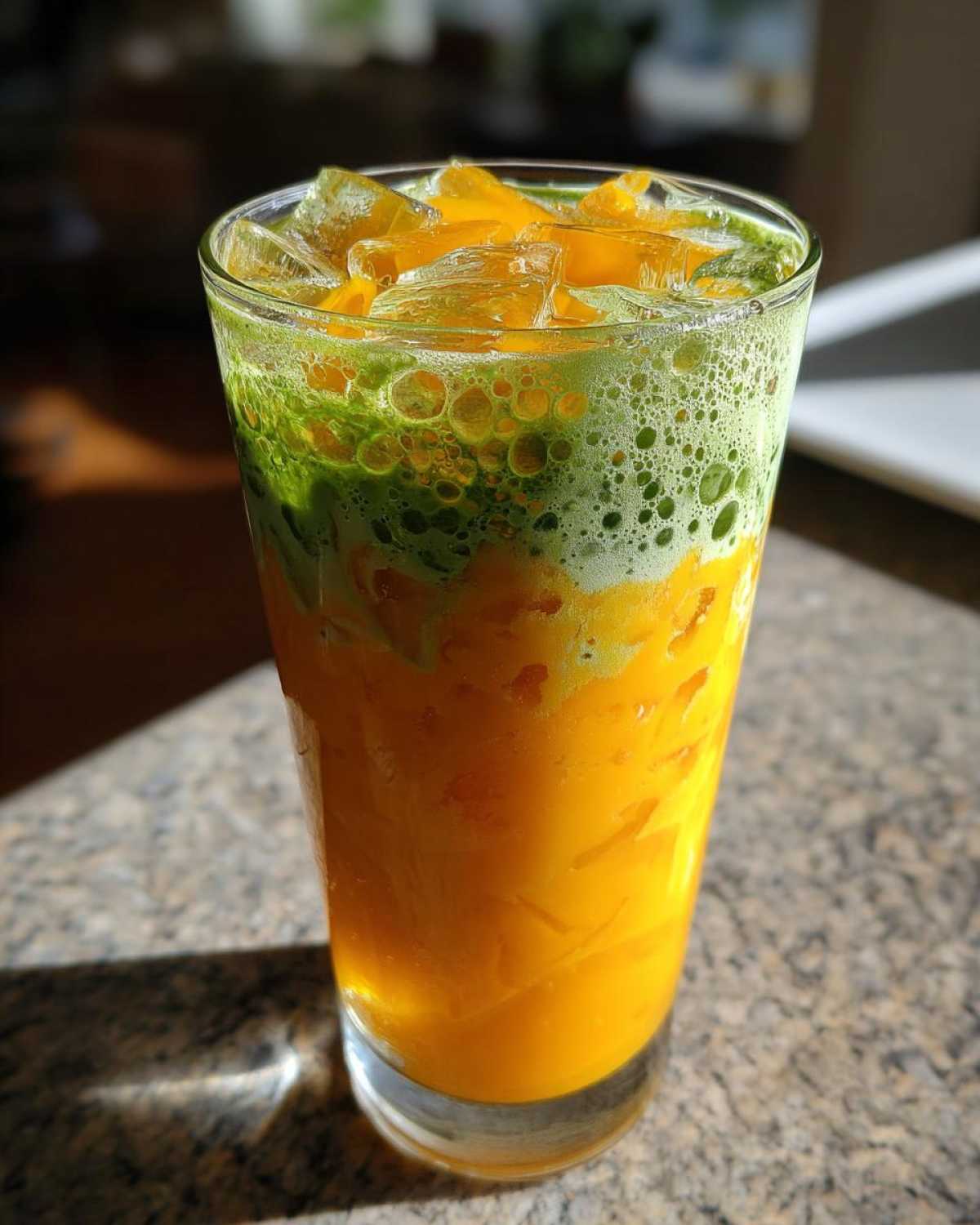 Close-up of a tall glass filled with layered Iced Mango Coconut Matcha, showing bright orange mango puree, green matcha foam, and ice cubes.