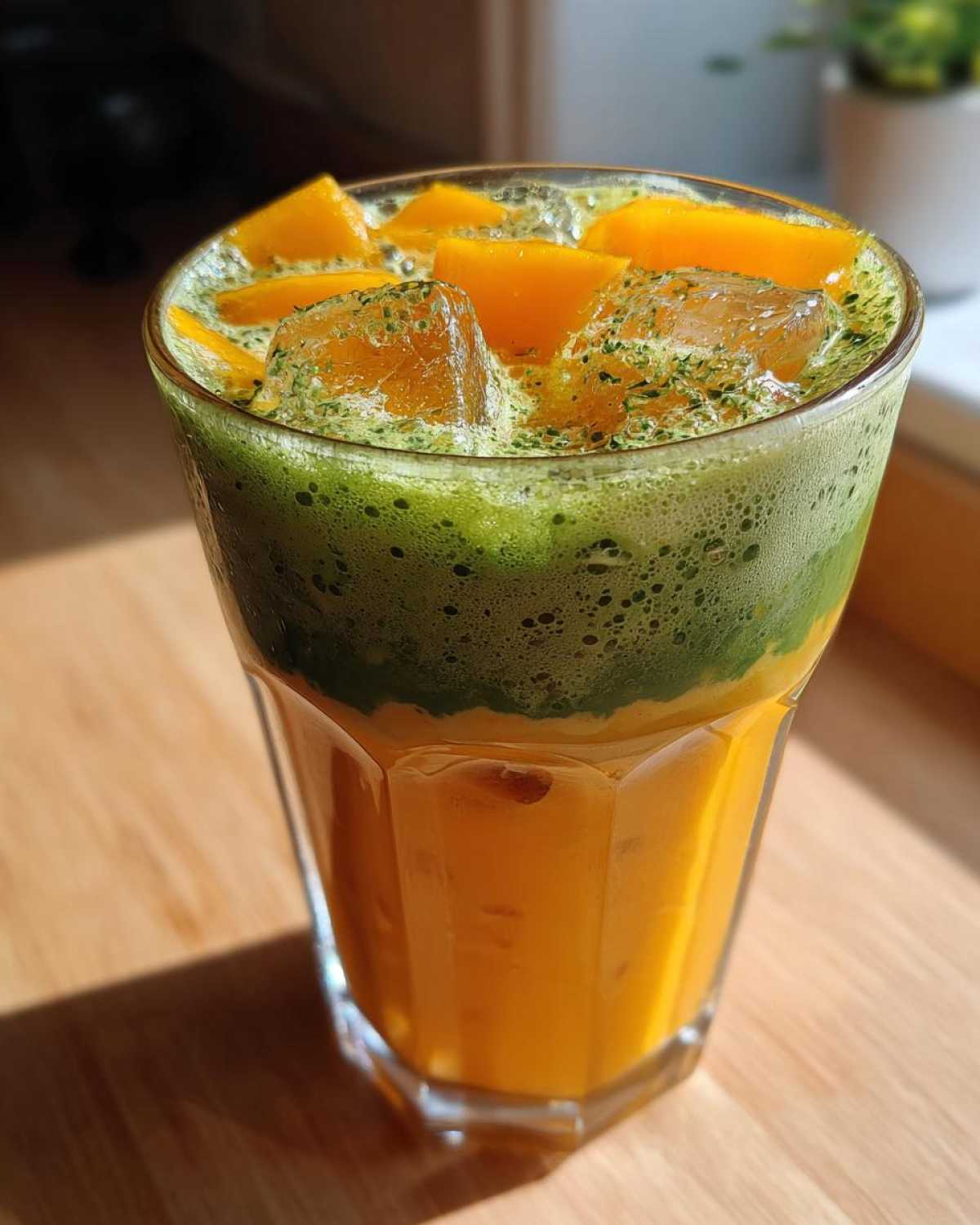Close-up of a tall glass containing a vibrant Iced Mango Coconut Matcha, showing distinct orange mango layers topped with green matcha foam and fresh mango chunks.