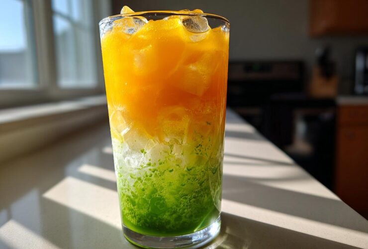 A tall glass showing distinct layers of bright green matcha, white coconut, and vibrant orange mango in an Iced Mango Coconut Matcha.