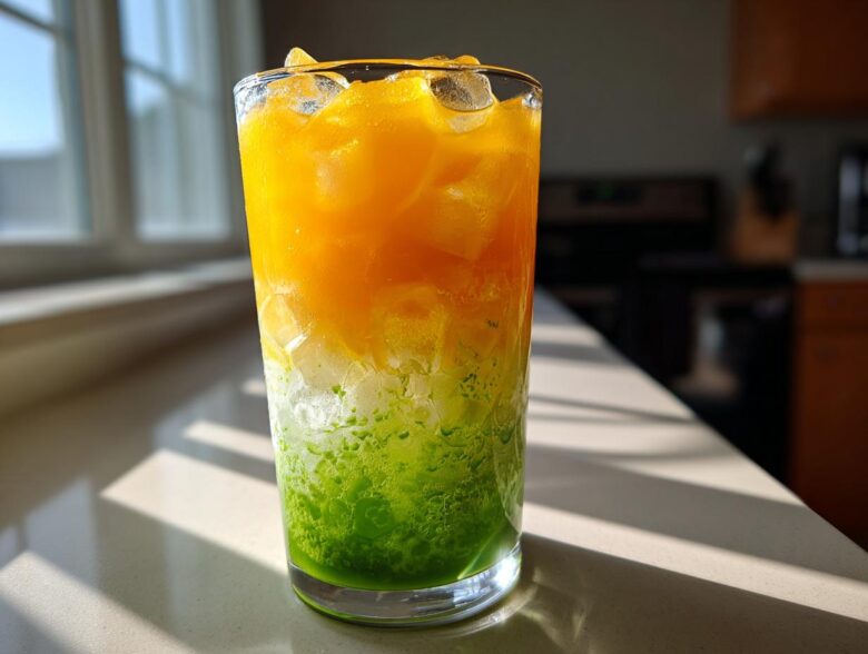 A tall glass showing distinct layers of bright green matcha, white coconut, and vibrant orange mango in an Iced Mango Coconut Matcha.