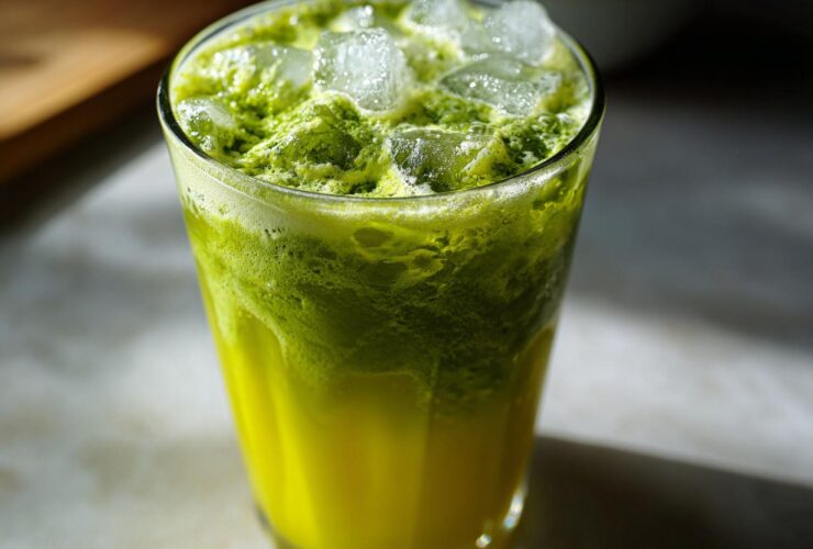 Close-up of a vibrant Iced Matcha Pineapple Refresher layered with bright yellow juice and frothy green matcha on ice.