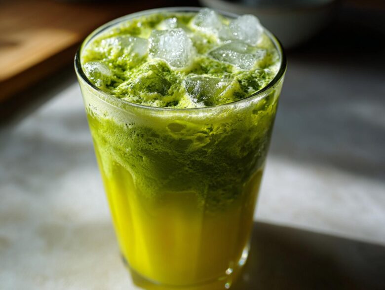 Close-up of a vibrant Iced Matcha Pineapple Refresher layered with bright yellow juice and frothy green matcha on ice.