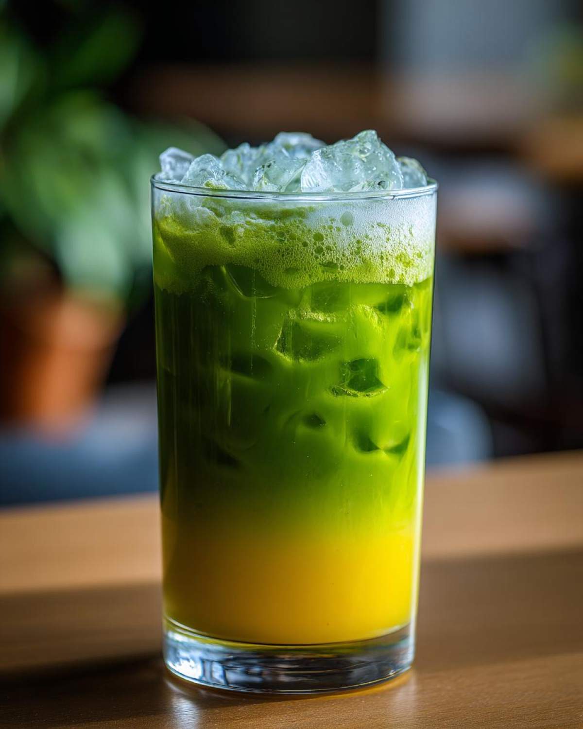 A tall glass filled with a layered Iced Matcha Pineapple Refresher, showing bright yellow pineapple juice below vibrant green matcha tea and ice.