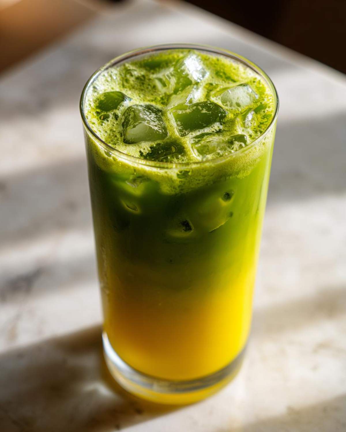 Close-up of a tall glass containing an Iced Matcha Pineapple Refresher with layered green matcha and yellow pineapple juice over ice.