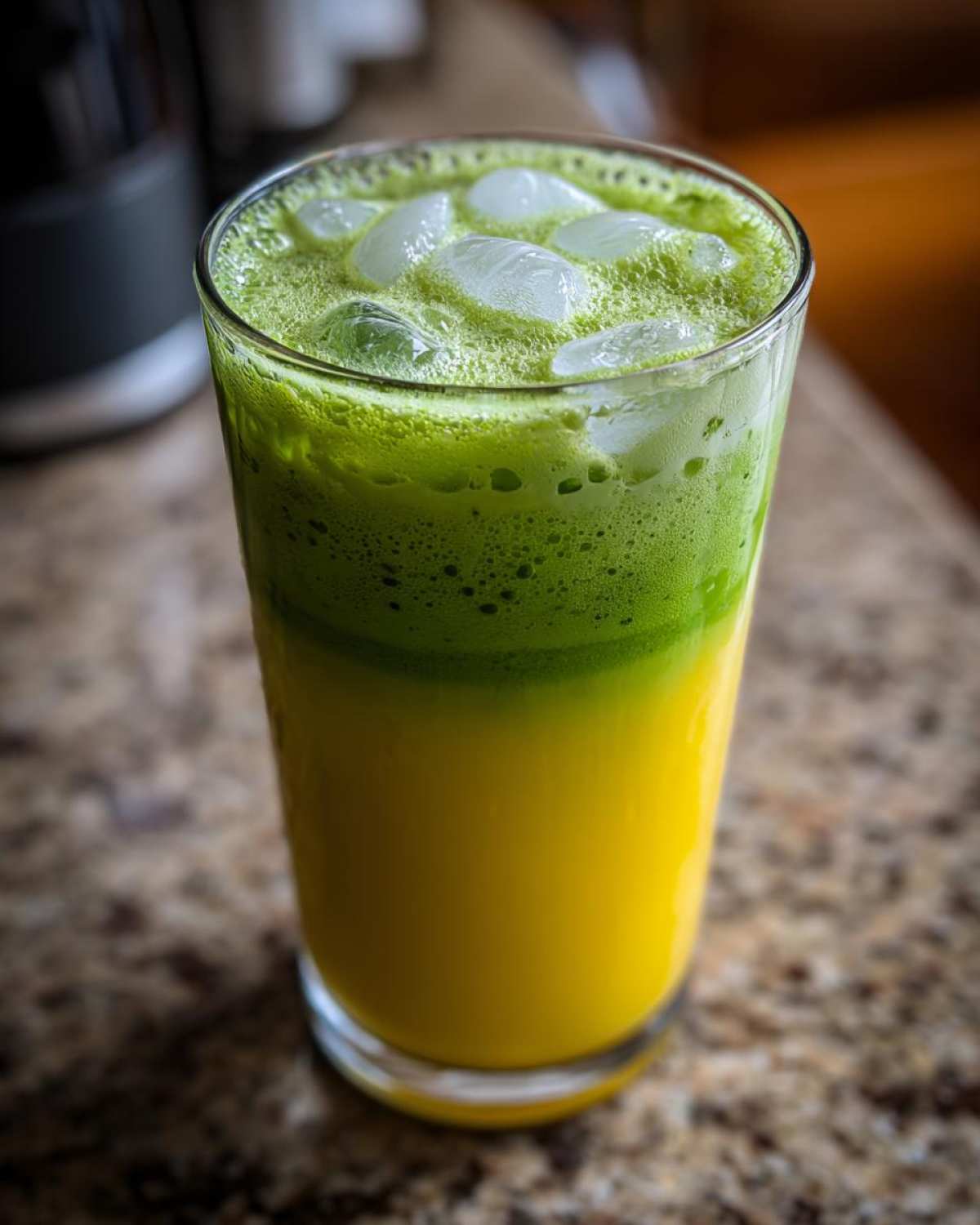 Close-up of a tall glass containing a vibrant Iced Matcha Pineapple Refresher with distinct yellow and green layers, topped with ice cubes.