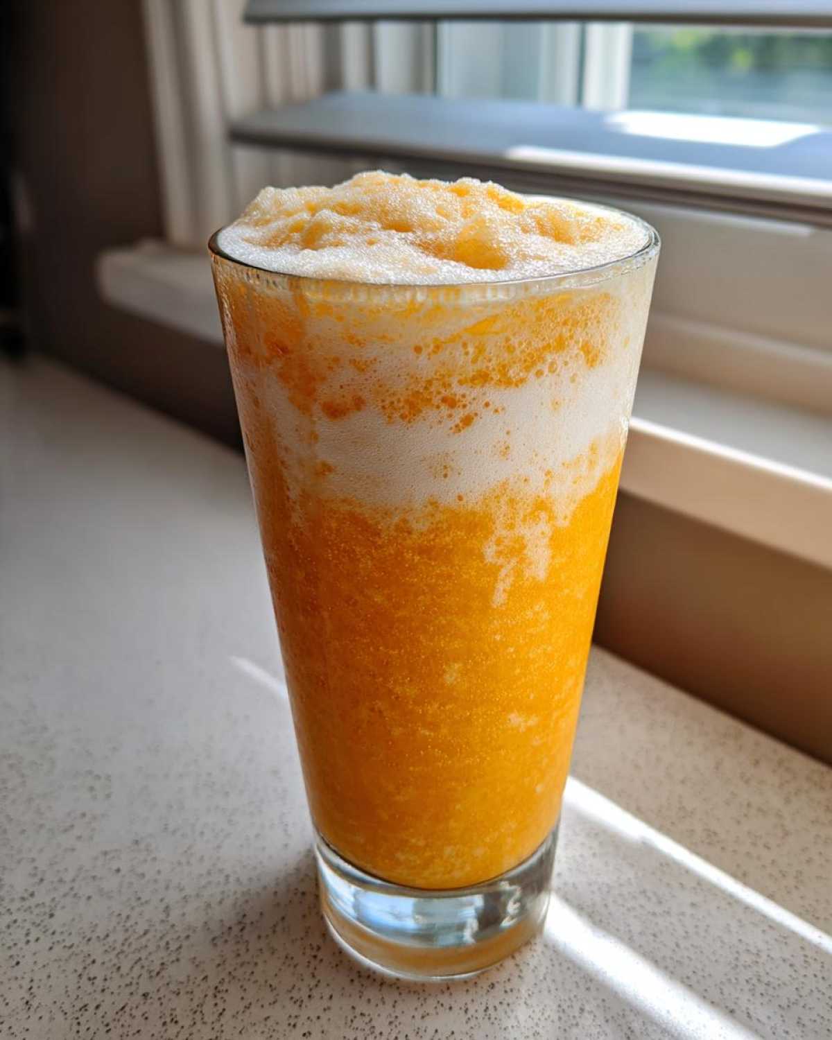 A tall glass filled with a vibrant, frothy Iced Orange Creamsicle Smoothie, layered with orange and white foam.