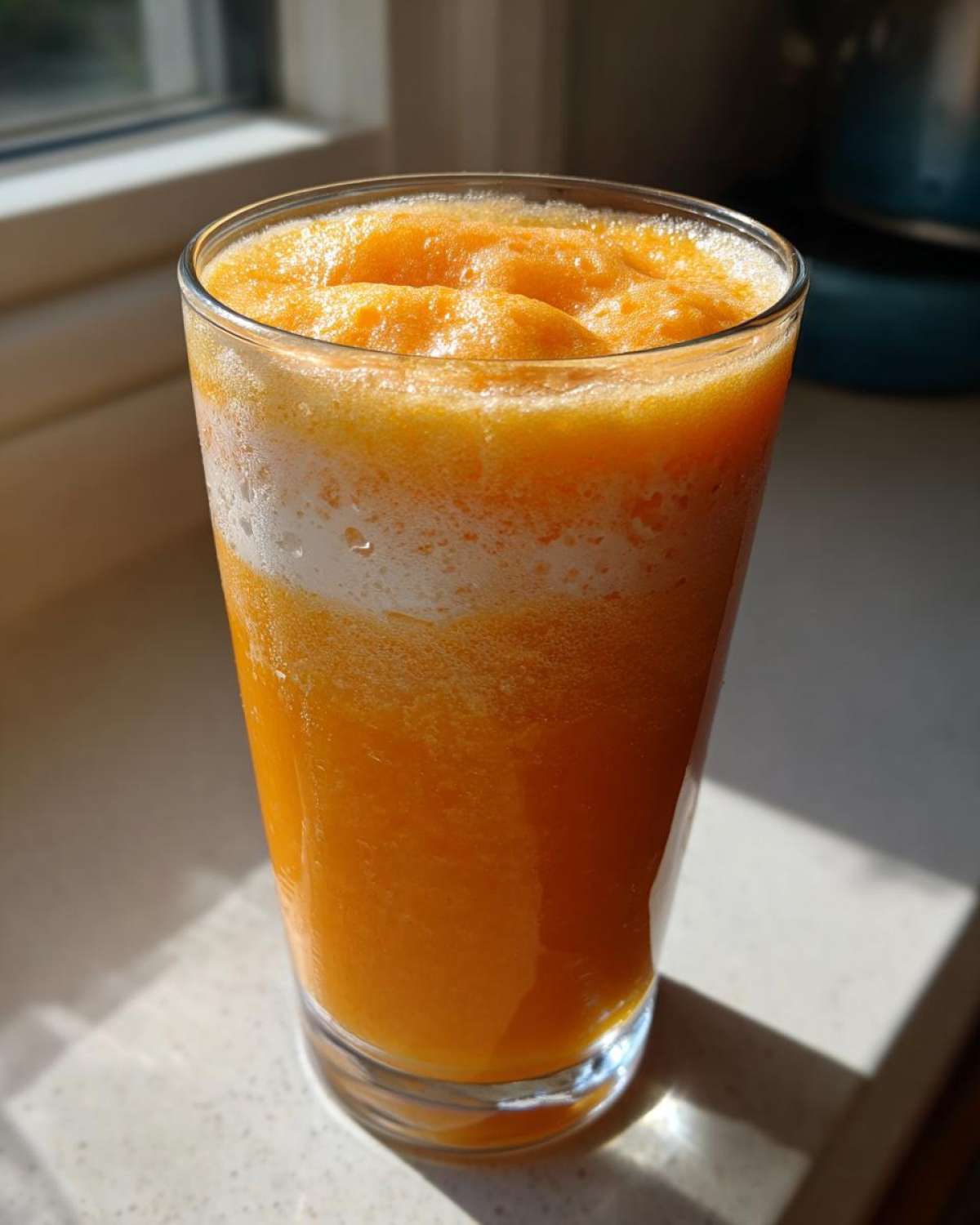 A tall glass filled with a bright orange, frothy Iced Orange Creamsicle Smoothie, sitting on a sunlit counter.
