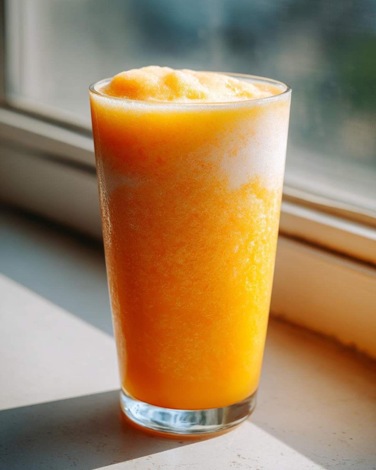 A tall glass filled with a thick, bright orange Iced Orange Creamsicle Smoothie, sitting near a window in bright sunlight.