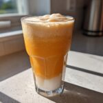 A tall glass of layered Iced Orange Creamsicle Smoothie with a white layer at the bottom and frothy orange on top.