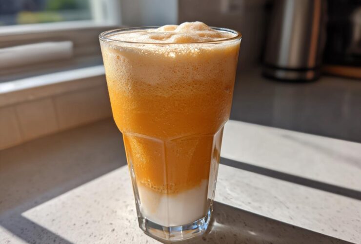 A tall glass of layered Iced Orange Creamsicle Smoothie with a white layer at the bottom and frothy orange on top.
