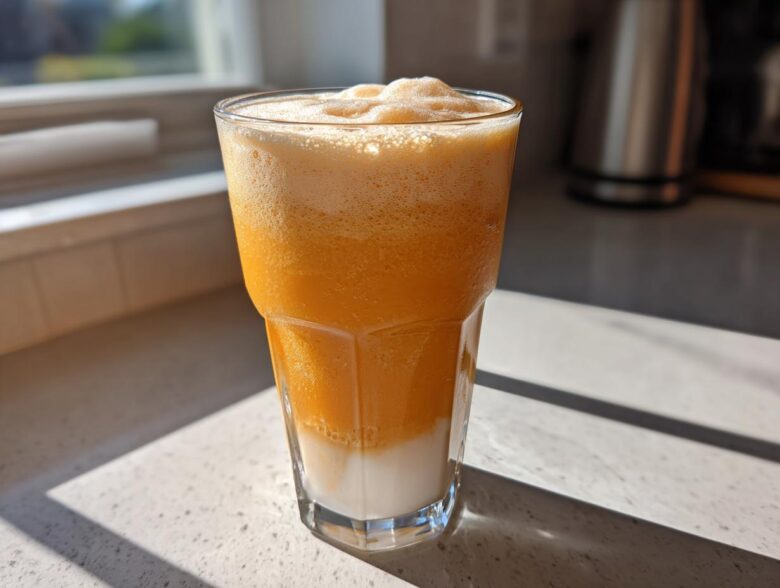 A tall glass of layered Iced Orange Creamsicle Smoothie with a white layer at the bottom and frothy orange on top.