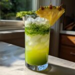 A tall glass filled with an Iced Pineapple Matcha Spritz, showing layered green matcha over yellow pineapple juice and ice, garnished with a pineapple slice.
