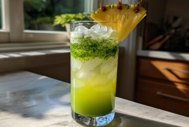 A tall glass filled with an Iced Pineapple Matcha Spritz, showing layered green matcha over yellow pineapple juice and ice, garnished with a pineapple slice.