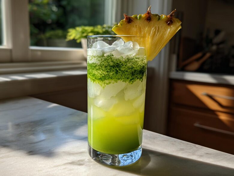A tall glass filled with an Iced Pineapple Matcha Spritz, showing layered green matcha over yellow pineapple juice and ice, garnished with a pineapple slice.