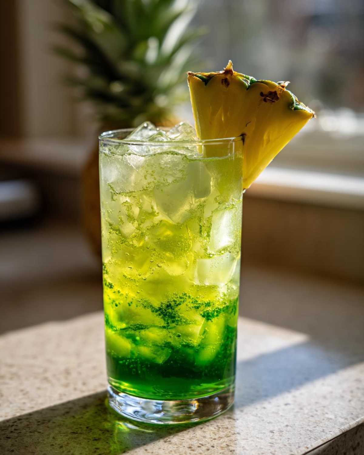 A tall glass filled with an Iced Pineapple Matcha Spritz, showing layers of bright green matcha settling below lighter liquid and ice, garnished with a pineapple wedge.