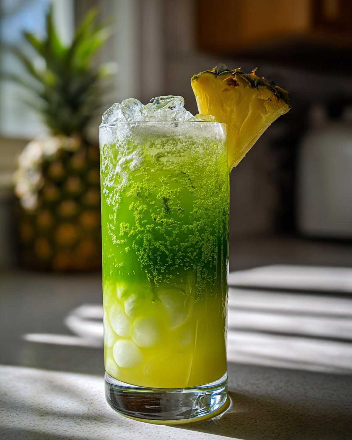 A tall glass filled with a layered Iced Pineapple Matcha Spritz, topped with ice and a pineapple wedge garnish.