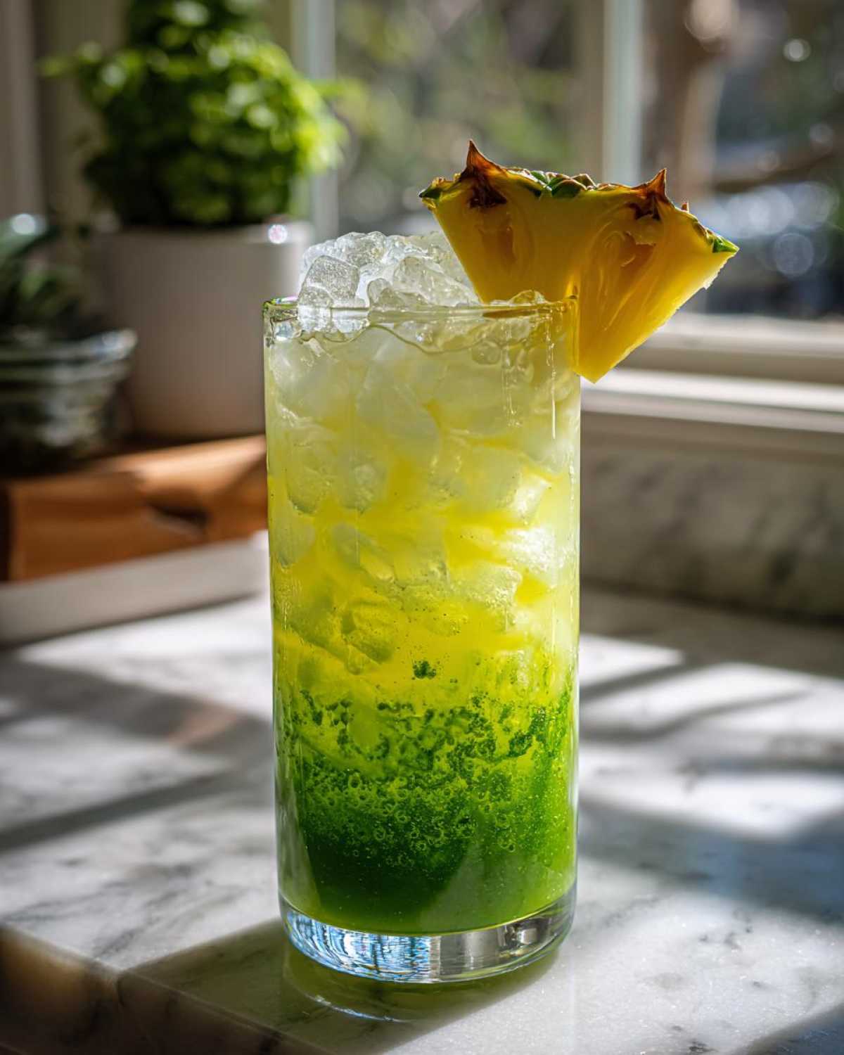 A tall glass filled with a layered Iced Pineapple Matcha Spritz, topped with crushed ice and a pineapple wedge garnish.