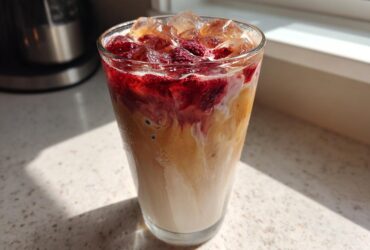 Close-up of a tall glass filled with Iced Raspberry Vanilla Chai, showing layered milk, tea, and a bright raspberry topping over ice.