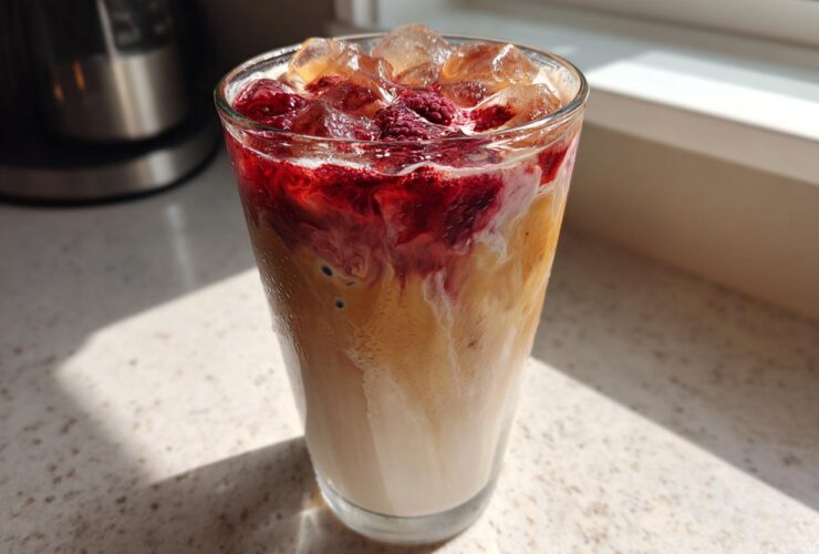 Close-up of a tall glass filled with Iced Raspberry Vanilla Chai, showing layered milk, tea, and a bright raspberry topping over ice.