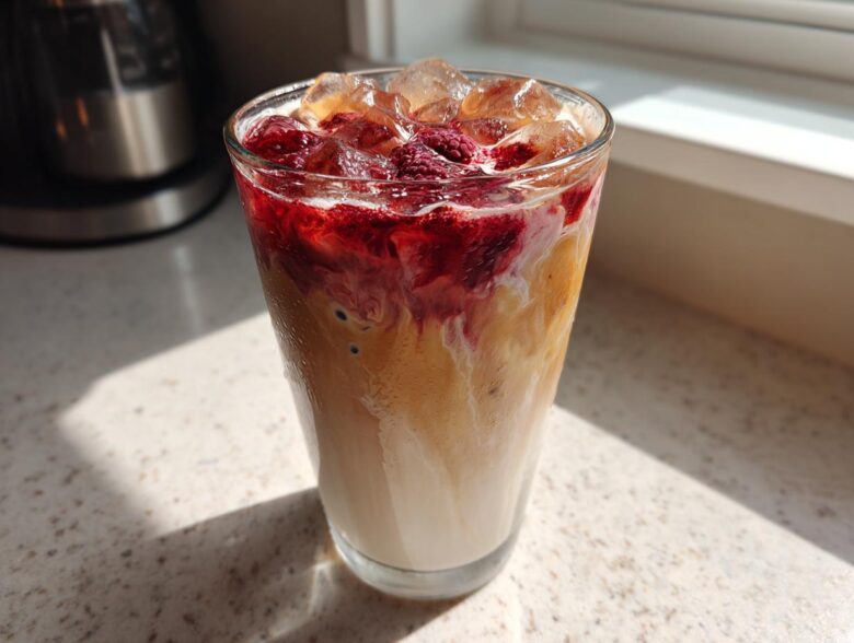 Close-up of a tall glass filled with Iced Raspberry Vanilla Chai, showing layered milk, tea, and a bright raspberry topping over ice.