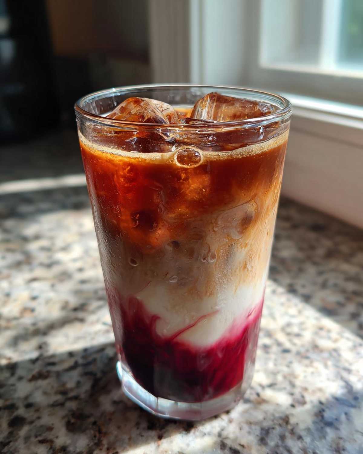 Close-up of a tall glass containing a layered Iced Raspberry Vanilla Chai with ice cubes, showing deep red raspberry syrup at the bottom.