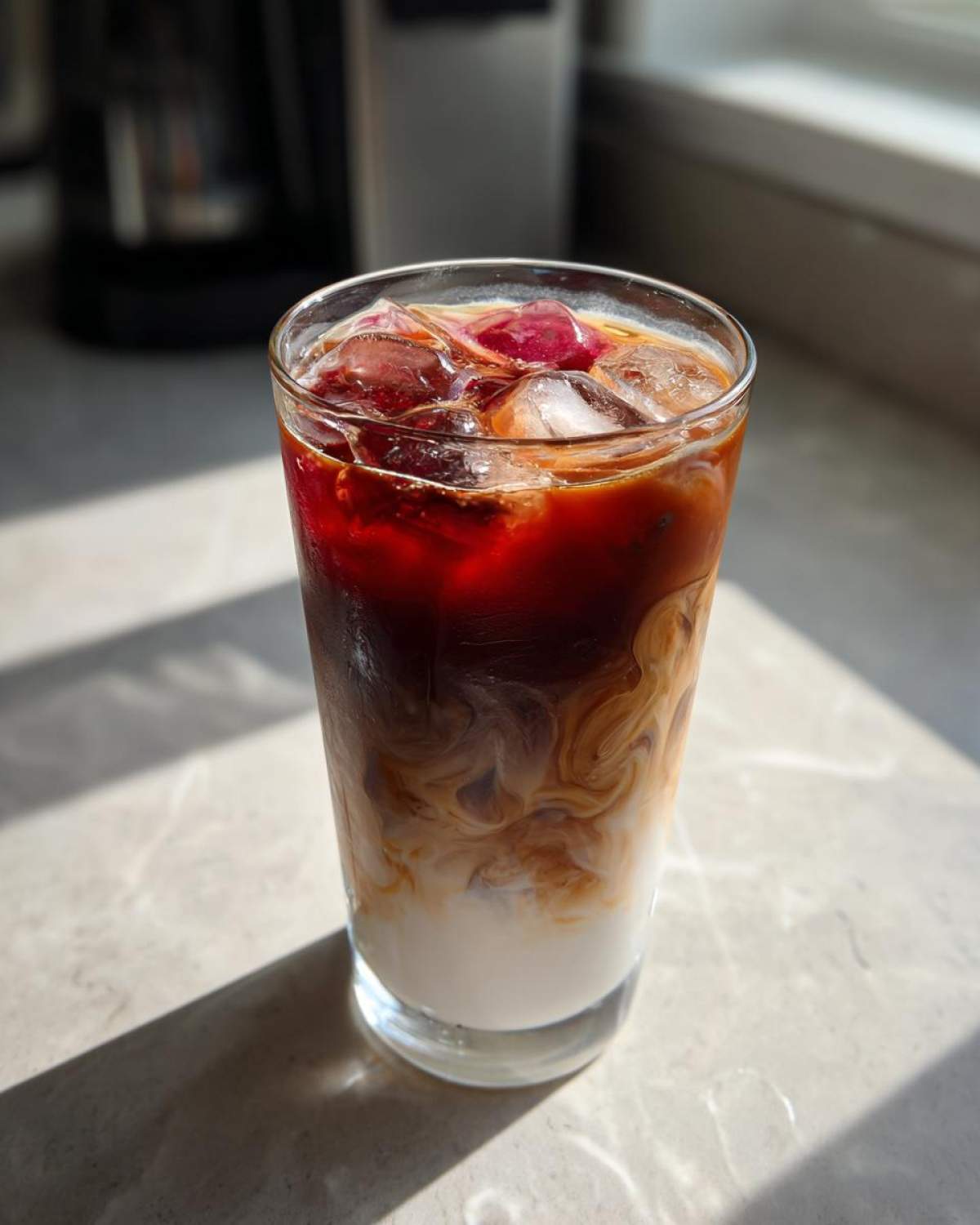 A tall glass showing the beautiful layers of an Iced Raspberry Vanilla Chai with milk swirling into the dark tea.