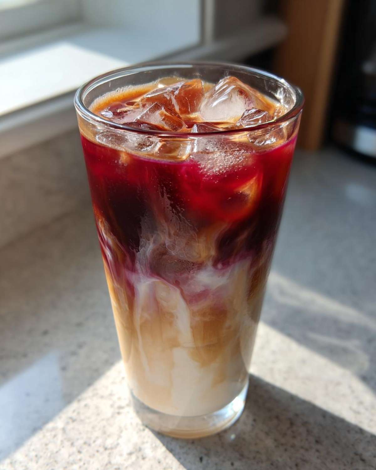 Close-up of an Iced Raspberry Vanilla Chai showing distinct layers of milk, tea, and bright raspberry syrup over ice.