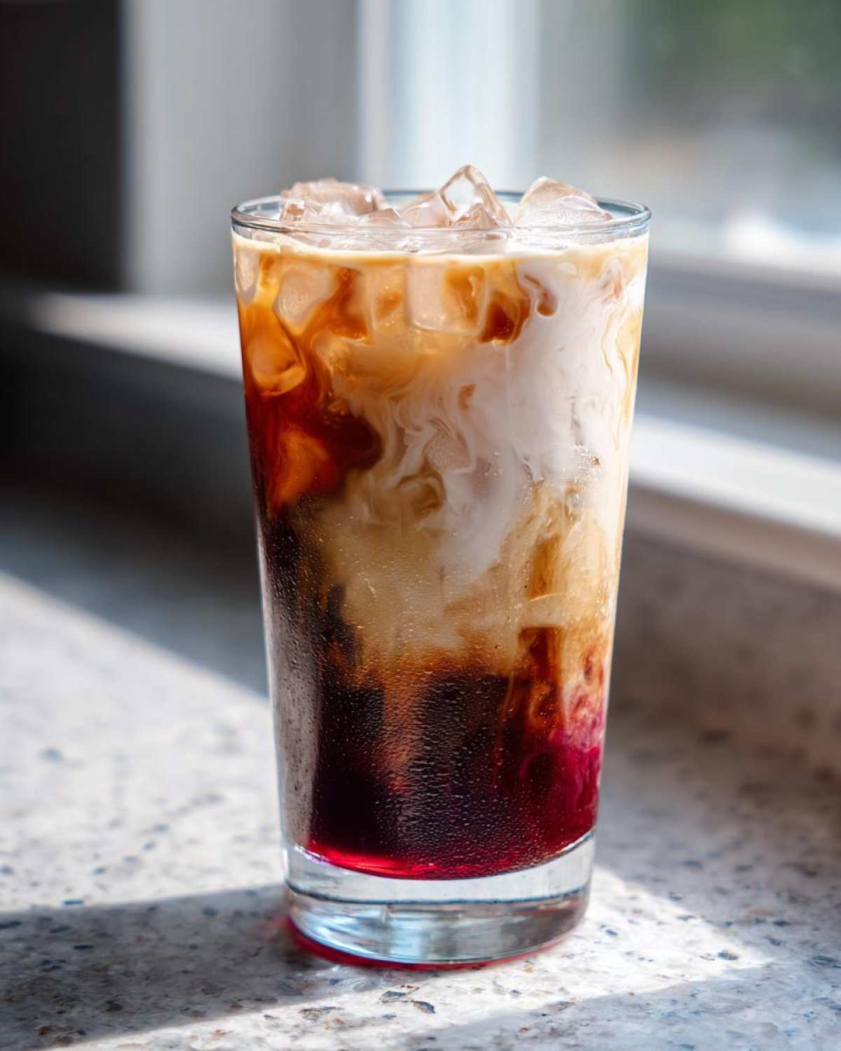 A tall glass filled with a layered Iced Raspberry Vanilla Chai showing swirls of dark red raspberry syrup, brown chai, and white milk over ice.