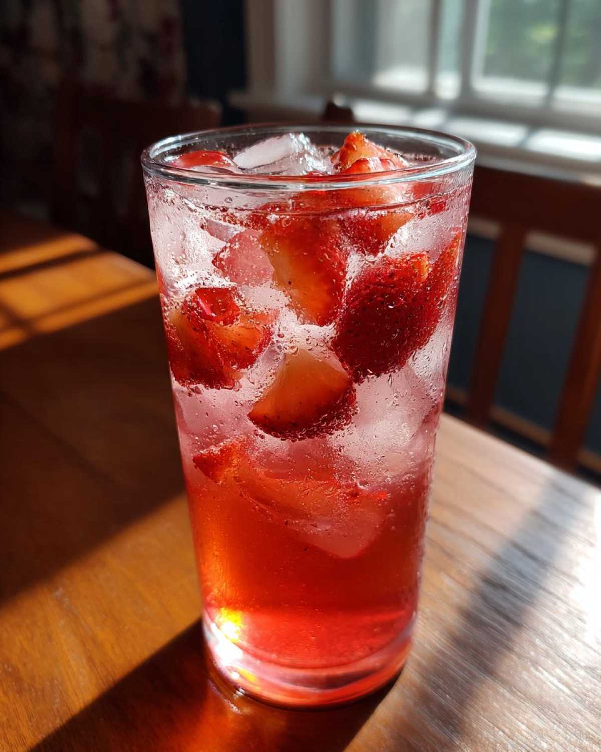 Close-up of a tall glass filled with Iced Strawberry Hibiscus Tea Lemonade, ice cubes, and fresh strawberry slices.