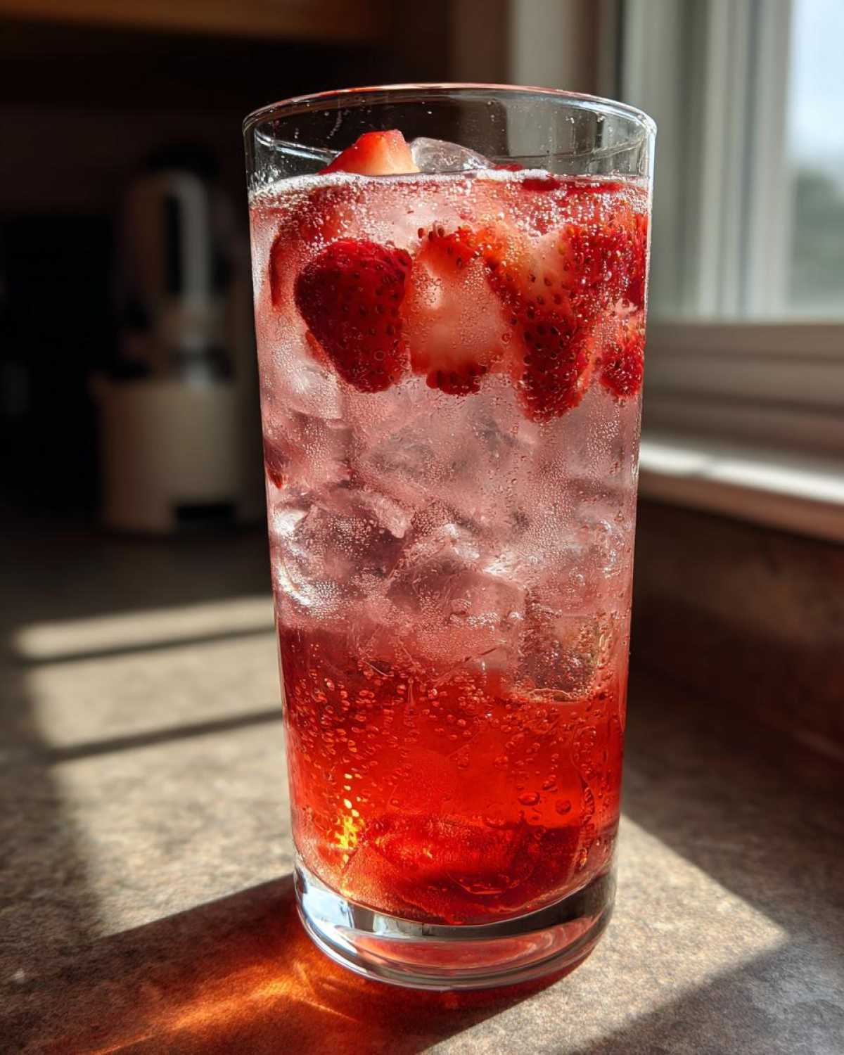 Close-up of a tall glass filled with Iced Strawberry Hibiscus Tea Lemonade, ice, and fresh strawberry slices.