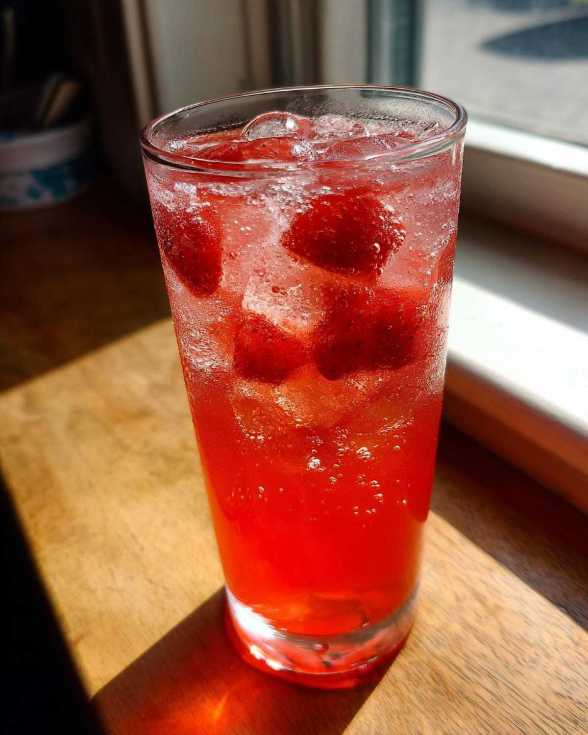 A tall glass filled with vibrant red Iced Strawberry Hibiscus Tea Lemonade, ice cubes, and chunks of fresh strawberries.