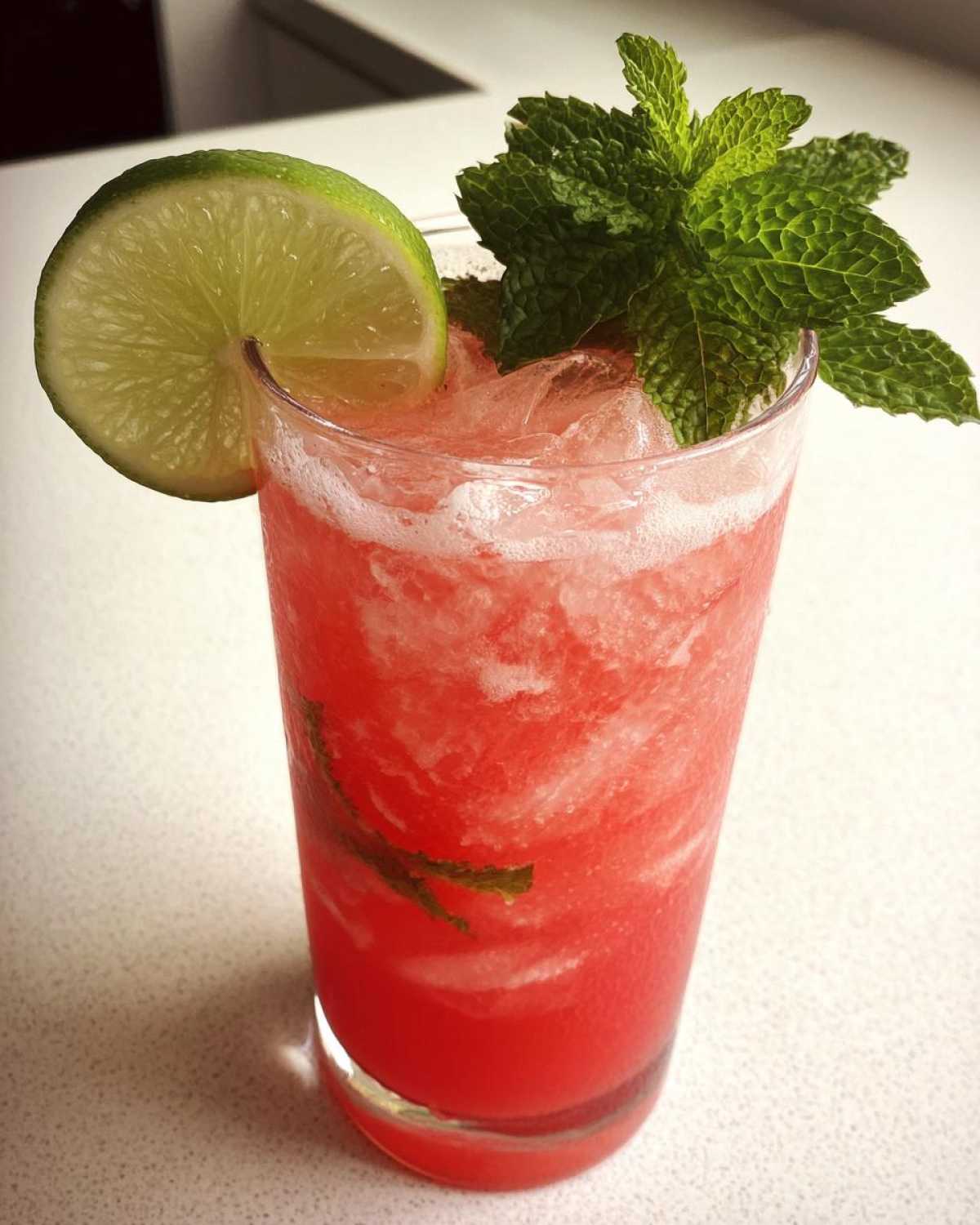 Close-up of a tall glass filled with a bright pink Iced Watermelon Lime Cooler, garnished with a lime wheel and fresh mint.