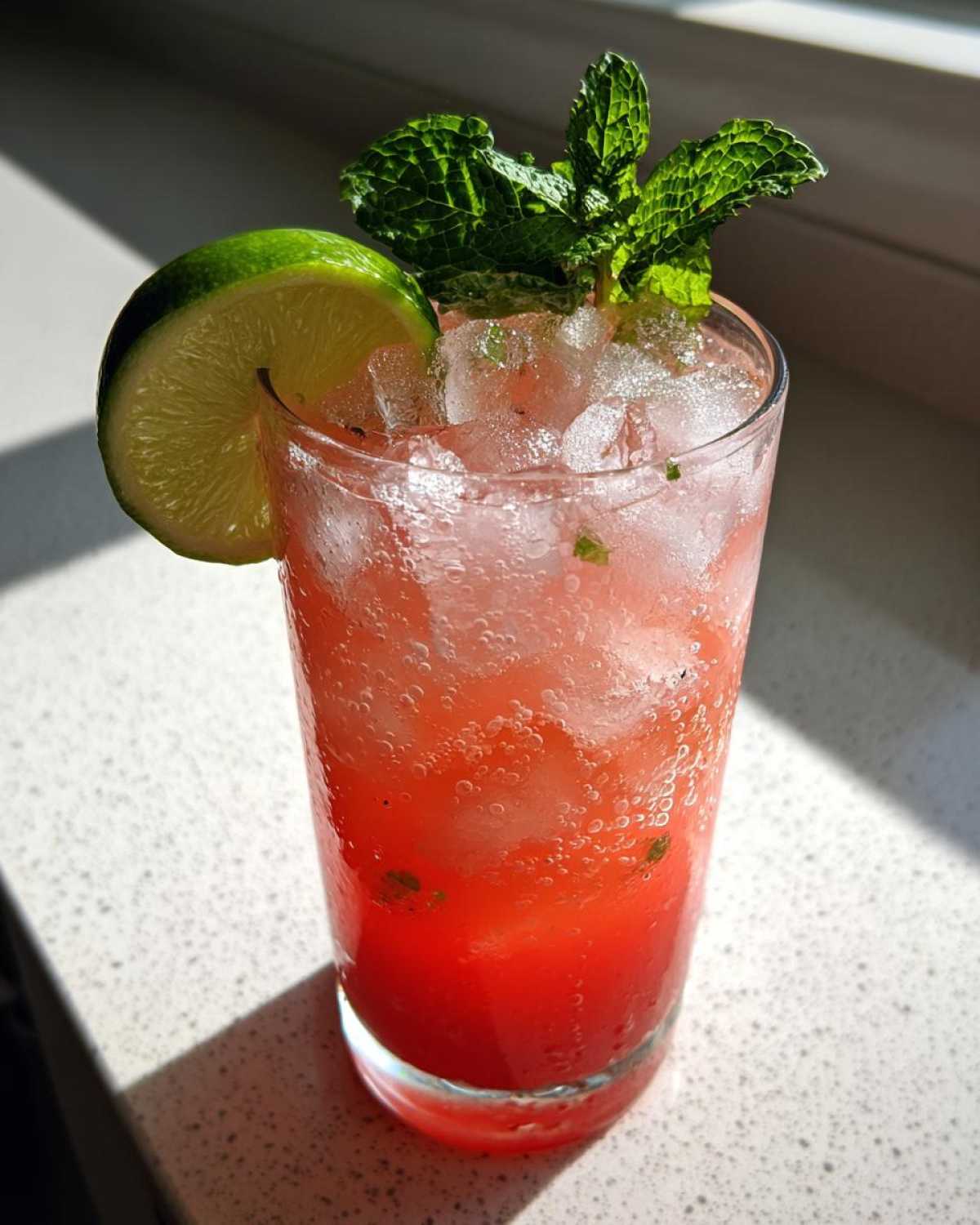 A tall glass filled with a bright red Iced Watermelon Lime Cooler, topped with ice, mint, and a lime wheel.